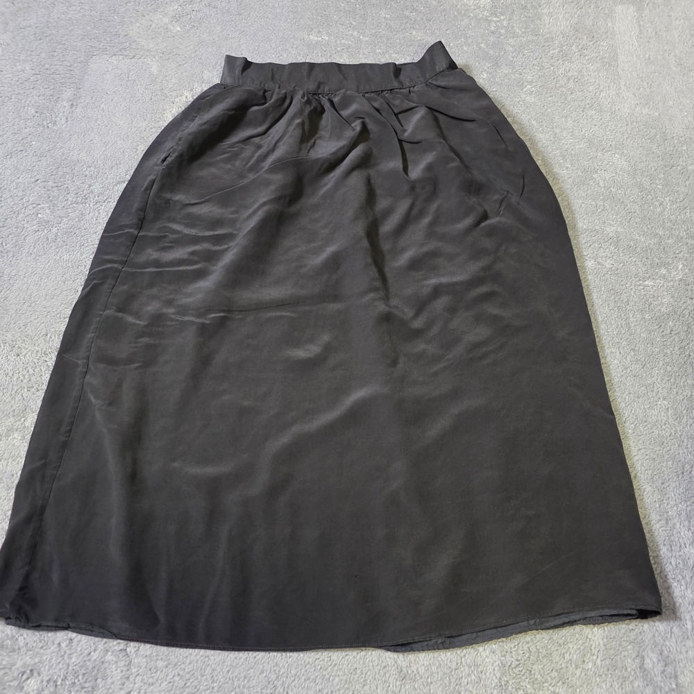 Royal Silk Womens 10 Midi Skirt Black 100% Pure Silk Gathered Pockets Vintage